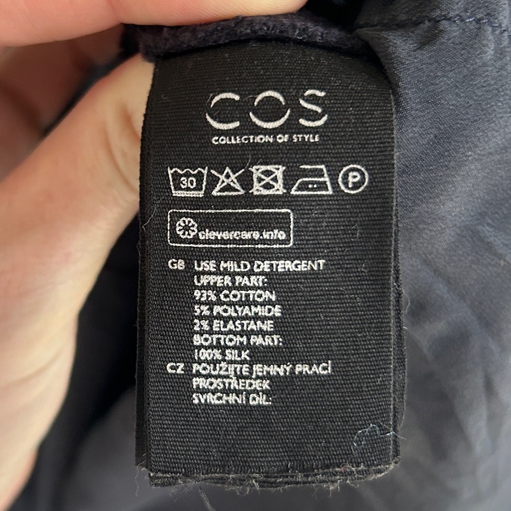 COS Navy Layered Look Tunic Sweatshirt Silk Hem Minimalist Scandi Capsule 90s XS - Picture 11 of 12